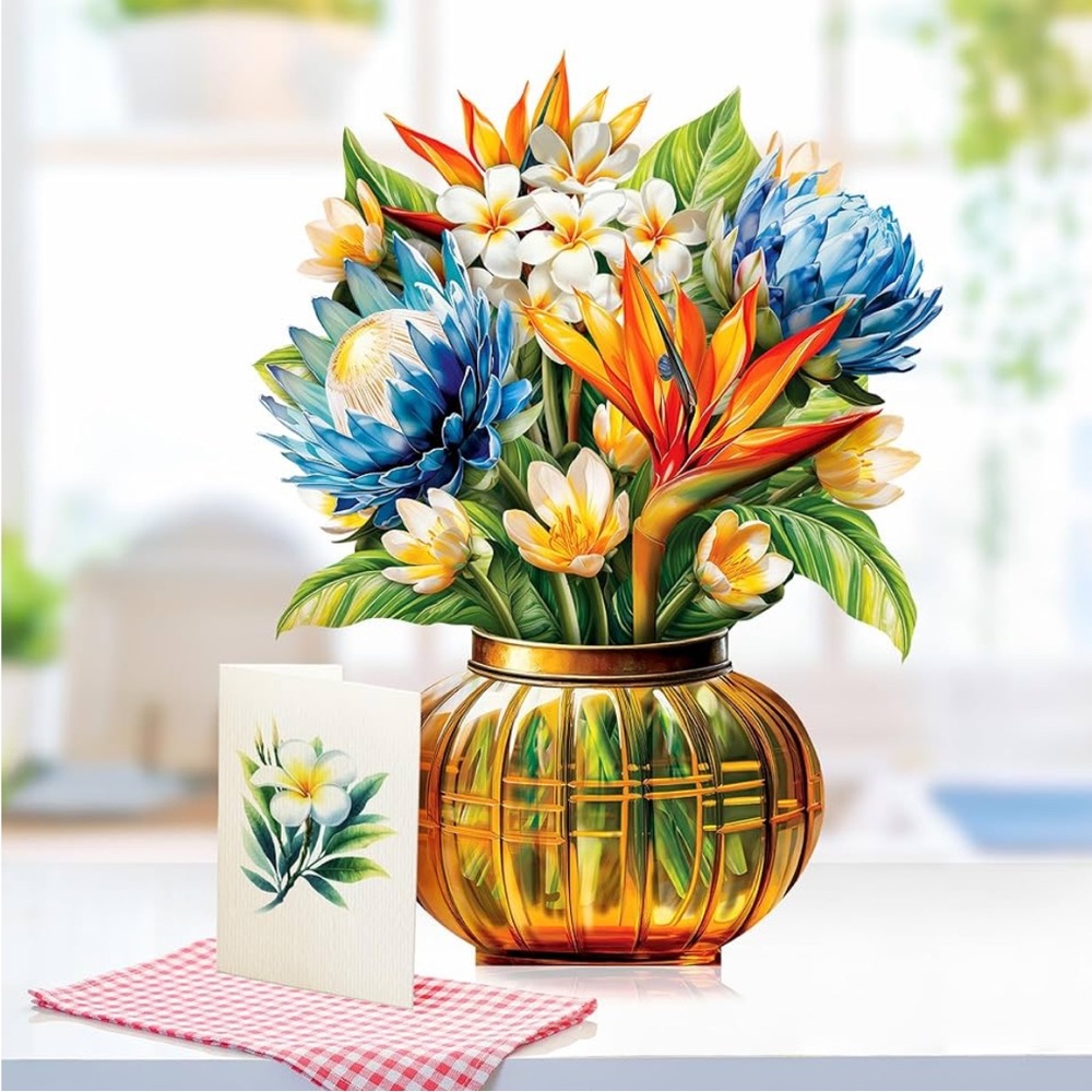 Paeone Tropical Bloom 3D Pop-Up Flower Bouquet w. Note Card 12 inches Tall Paper